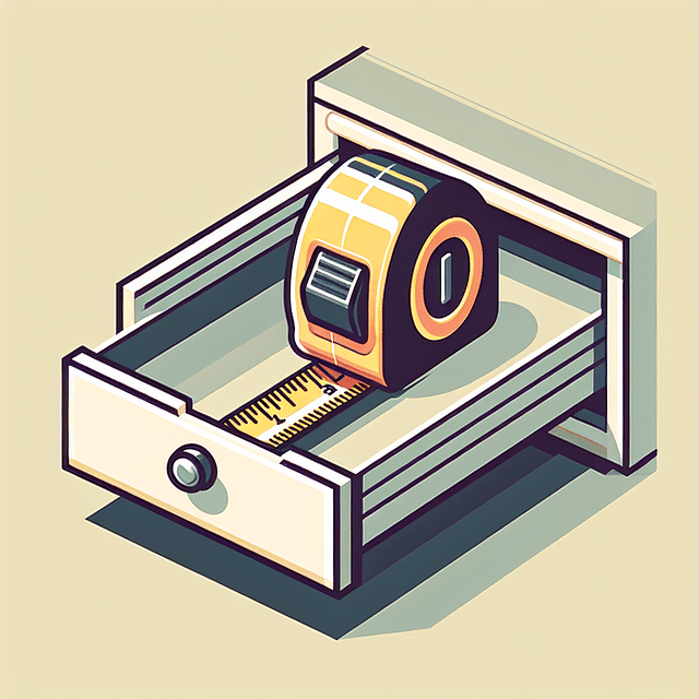 tape measure inside an open empty drawer