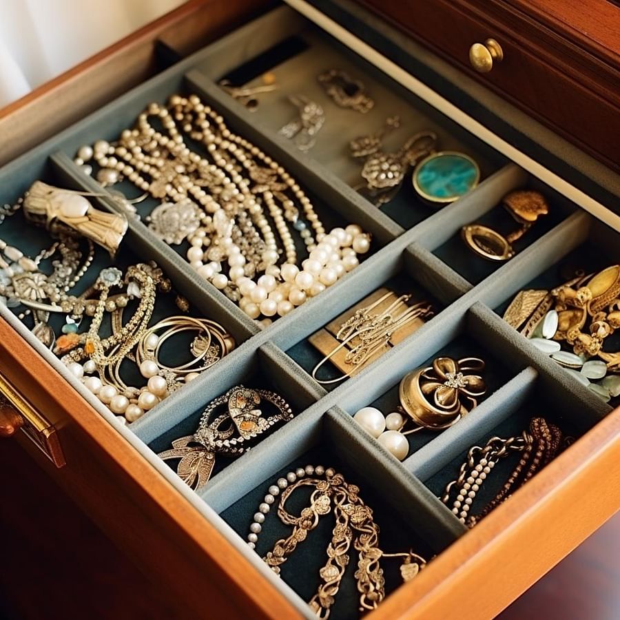 A beautifully organized jewelry tray in a drawer