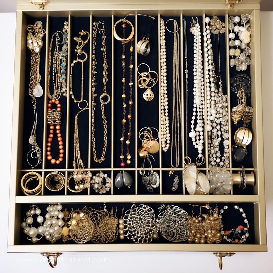 A DIY jewelry organizer filled with neatly arranged jewelry