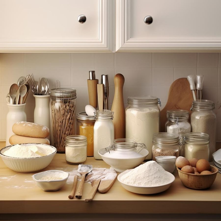 A well-organized kitchen counter with baking supplies neatly arranged