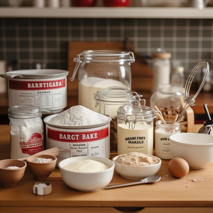 Labelled baking supplies on a kitchen counter