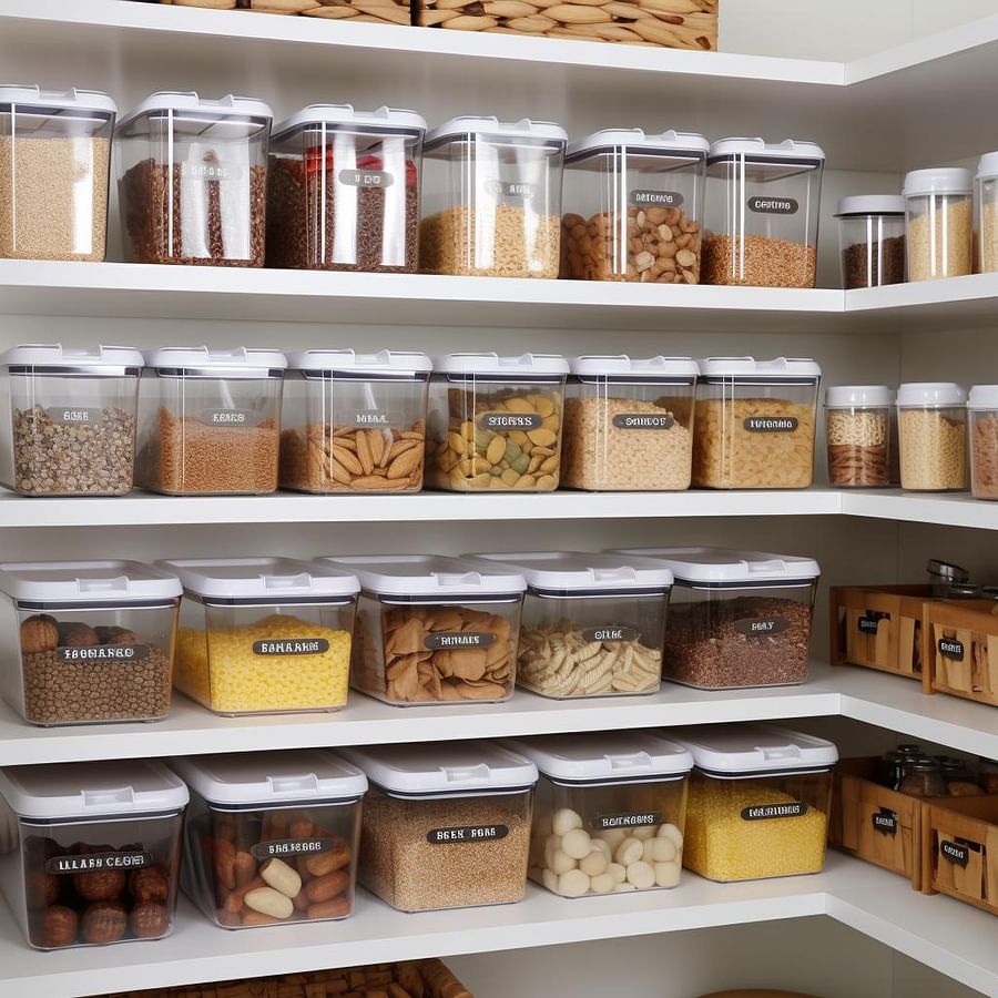 Stackable pantry organization bins and adjustable shelving in a neatly organized pantry