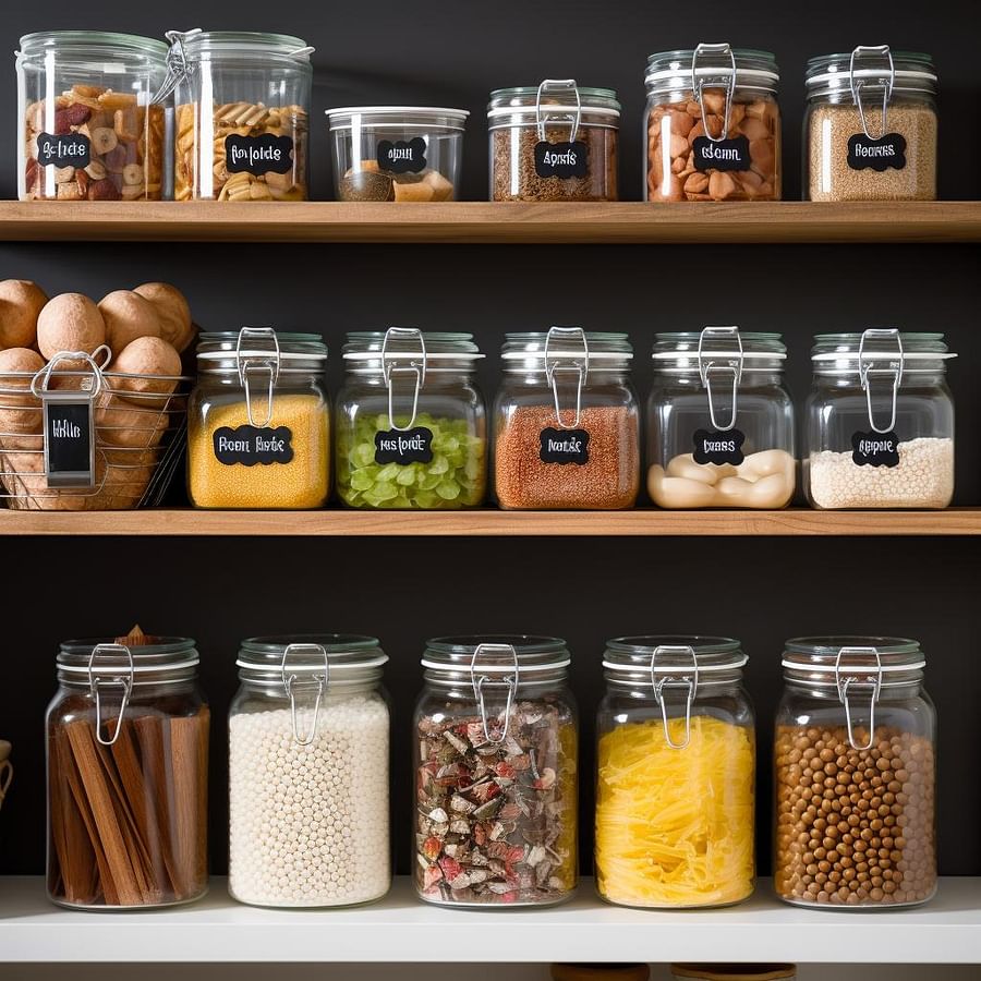 A well-organized pantry with labeled jars and stackable storage bins