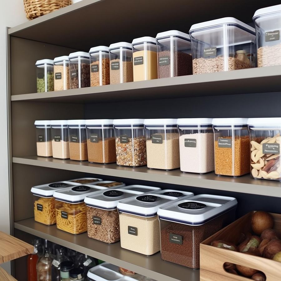 Stackable storage bins neatly organized in a small pantry