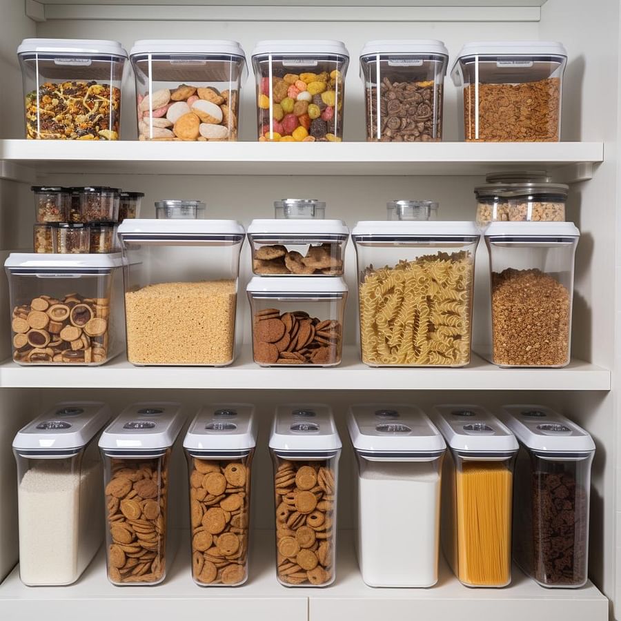 Clear storage bins neatly stacked in a pantry