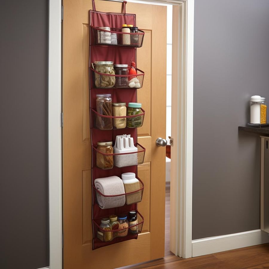 Over-the-door organizer filled with pantry items