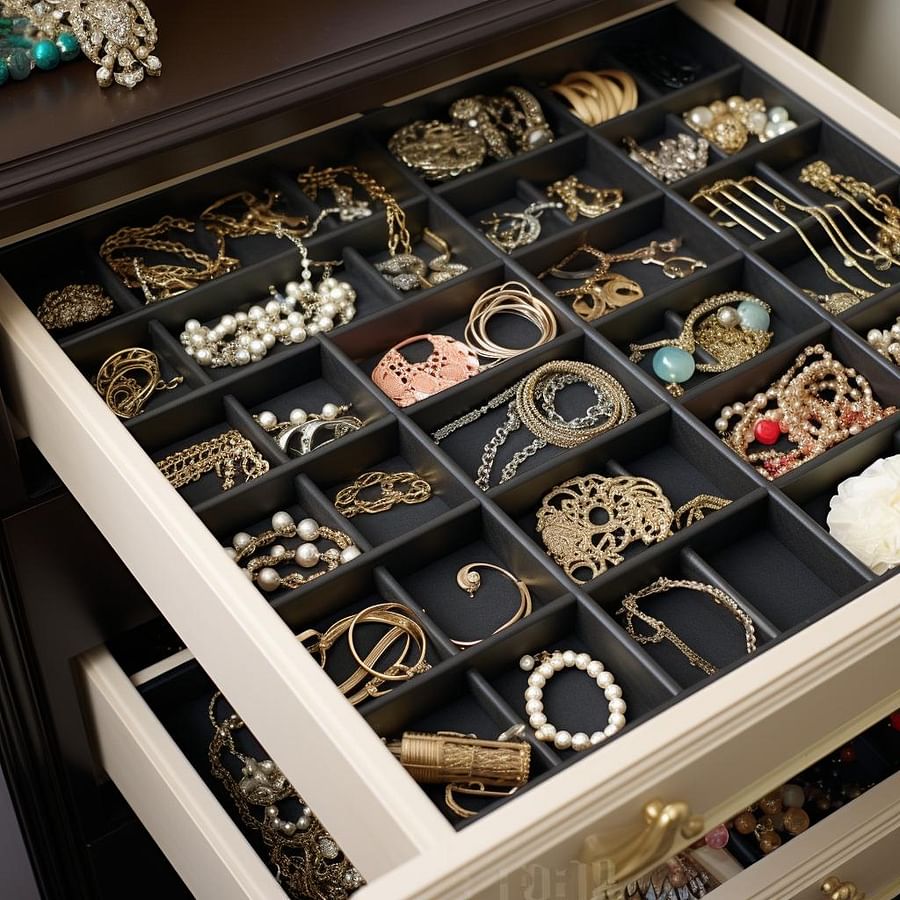 Drawer jewelry organizer filled with sparkling jewelry