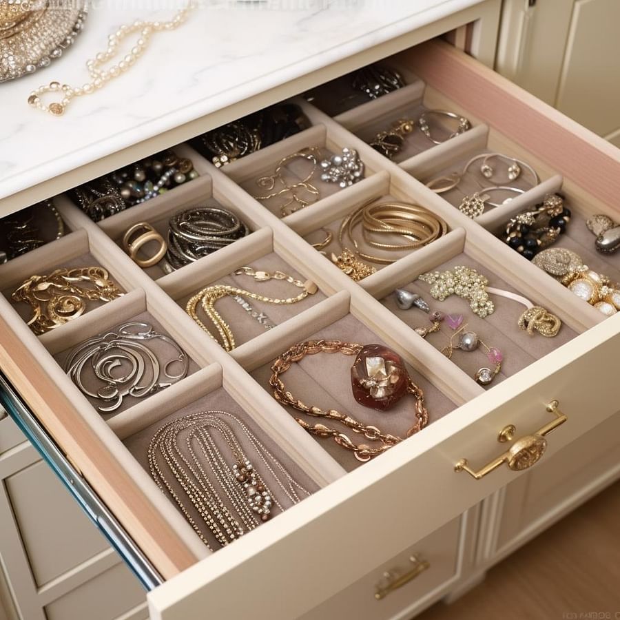 Drawer jewelry organizer in a linen closet