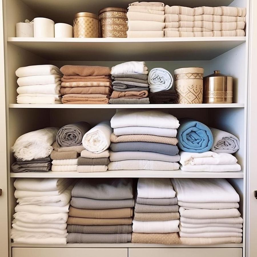 A beautifully organized linen closet with neatly stacked towels, perfectly folded sheets, and a drawer filled with jewelry organized in trays.