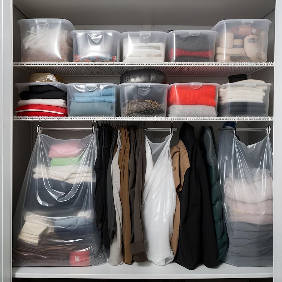 A neatly organized closet with vacuum-sealed bags and storage bins