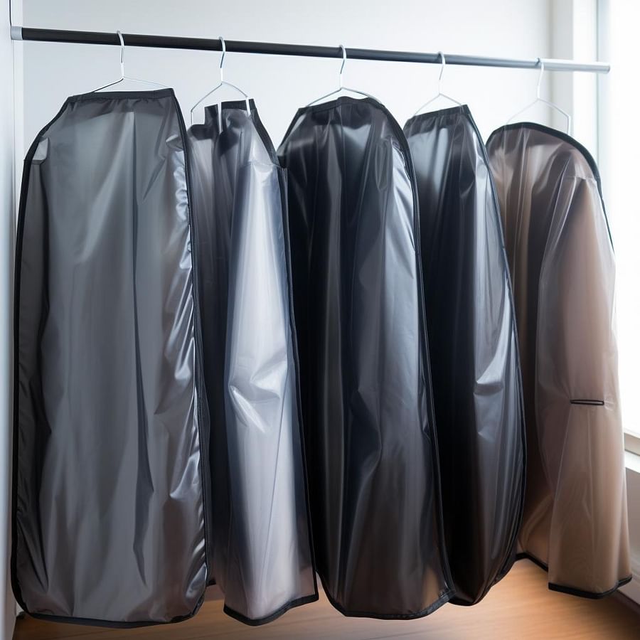 Breathable garment bags hanging in a closet