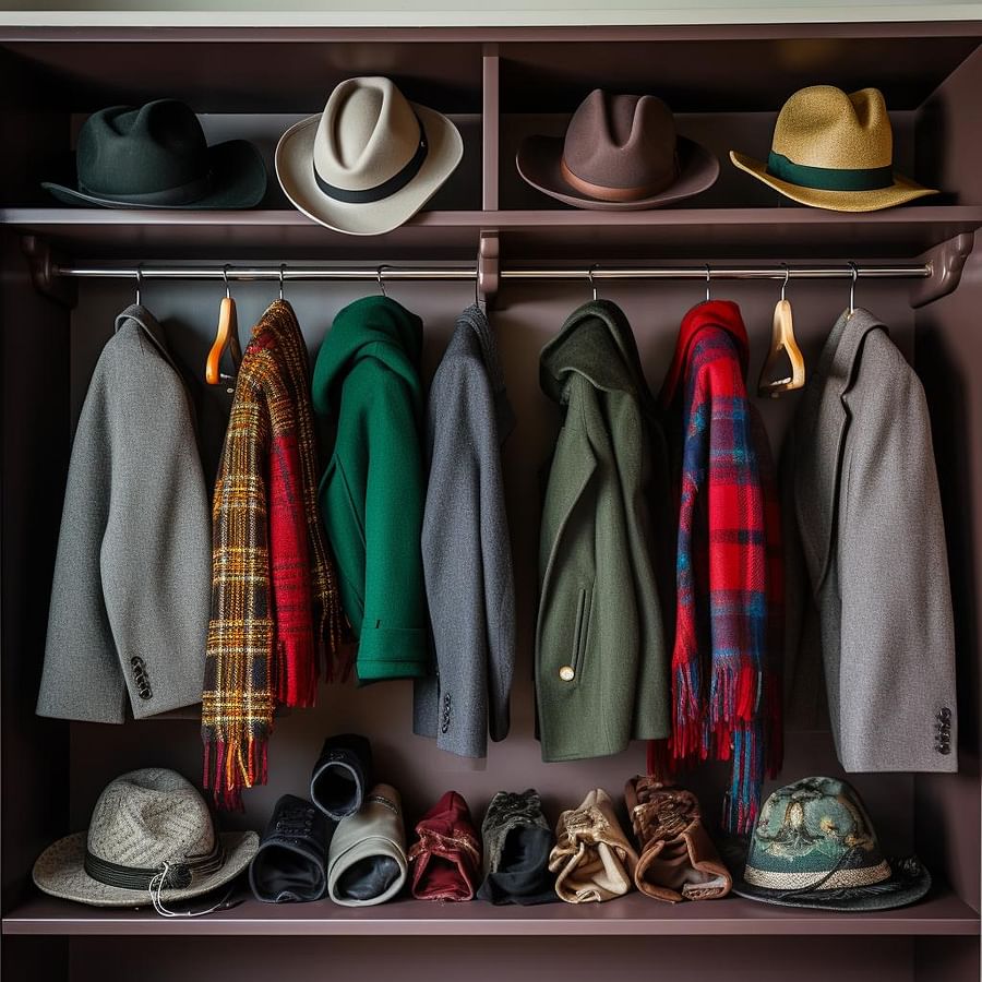 A neatly organized coat closet with coats, scarves, and hats in designated spaces