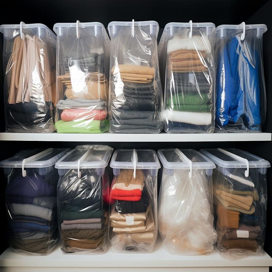 A well-organized closet with seasonal clothes neatly stored in vacuum-sealed bags
