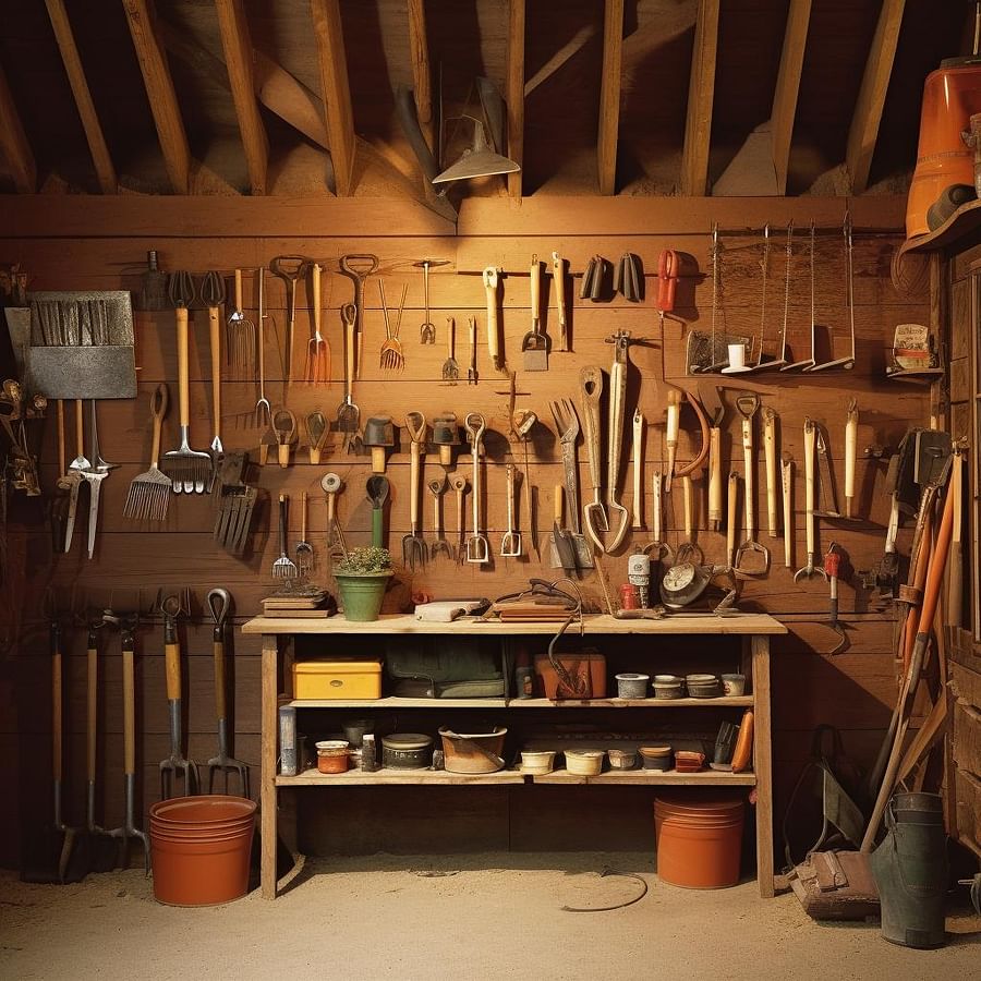 A neatly organized shed with tools hanging on the wall