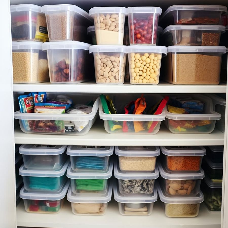 Pantry organization bins neatly arranged in a chest freezer