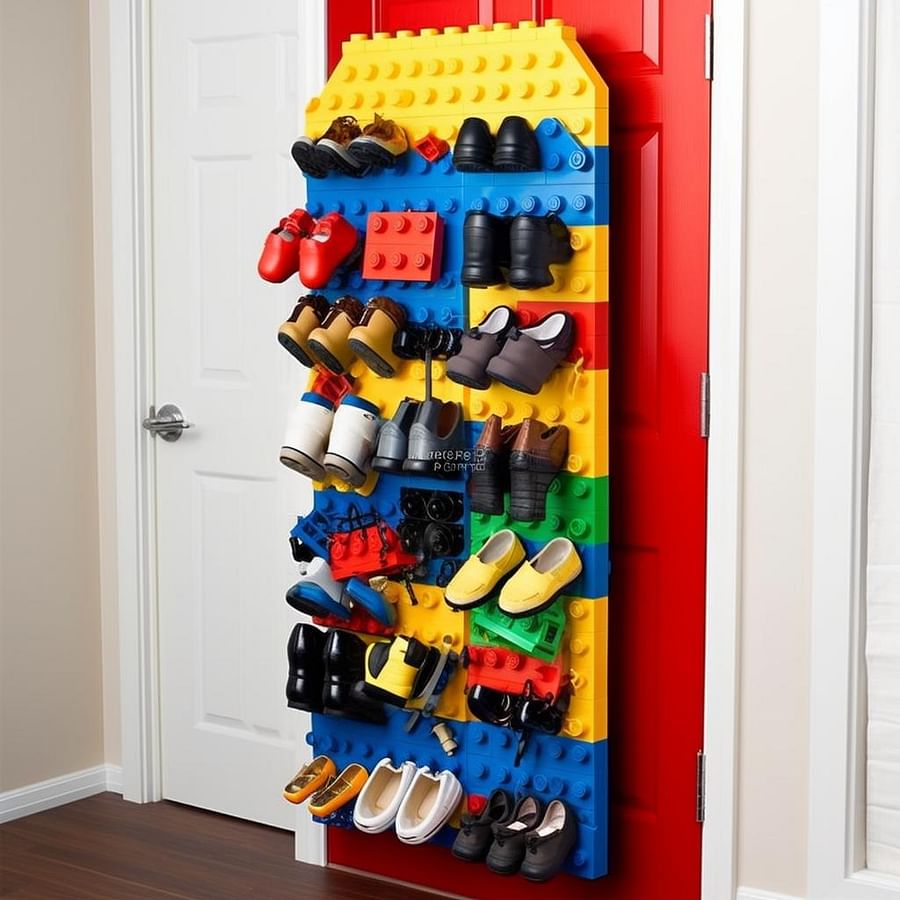 Over-the-door shoe organizer filled with Lego bricks