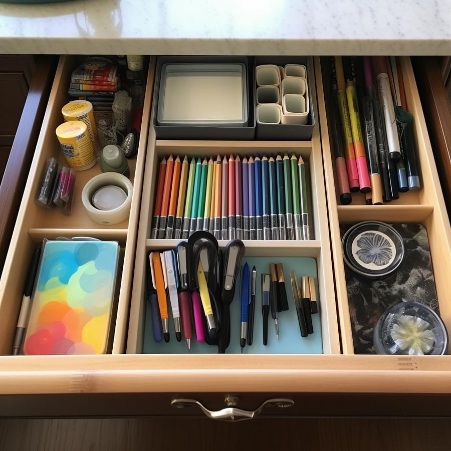 A neat desk drawer organizer filled with stationery