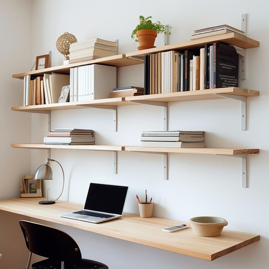 Shelves installed above a desk, holding books and binders