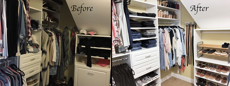 Before and after transformation of a well-organized bedroom