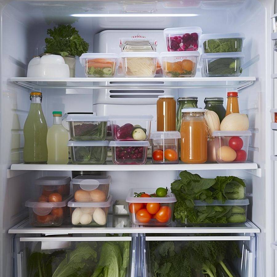 A neatly organized refrigerator with various organization bins