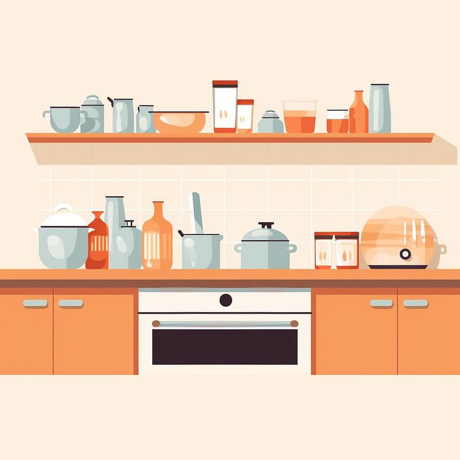 Empty kitchen counter with categorized piles of items