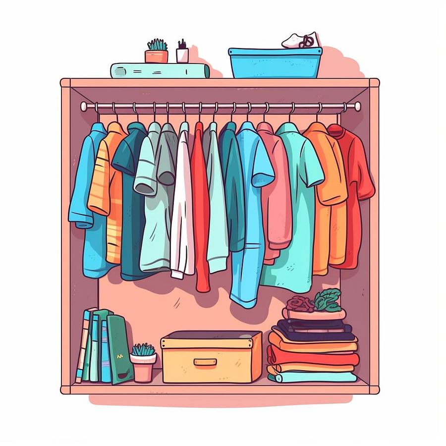 Clothes hanging in the closet, organized by color