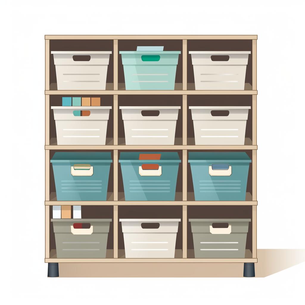 Shelving unit with labeled bins arranged
