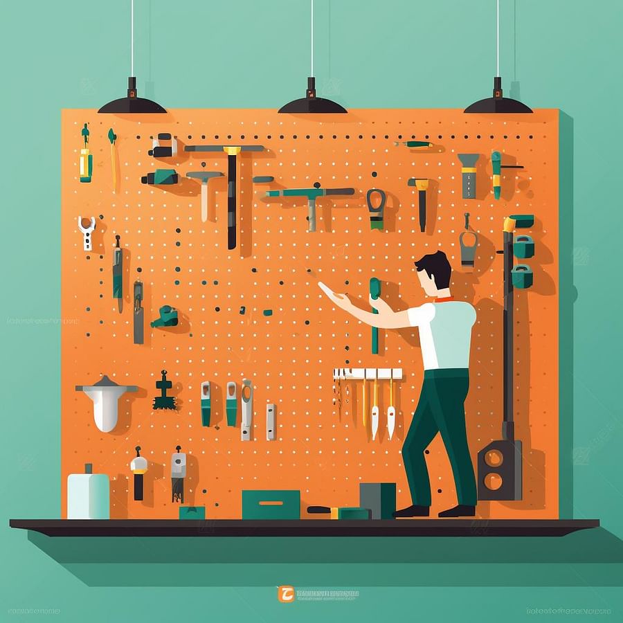A person cleaning and organizing tools on a pegboard
