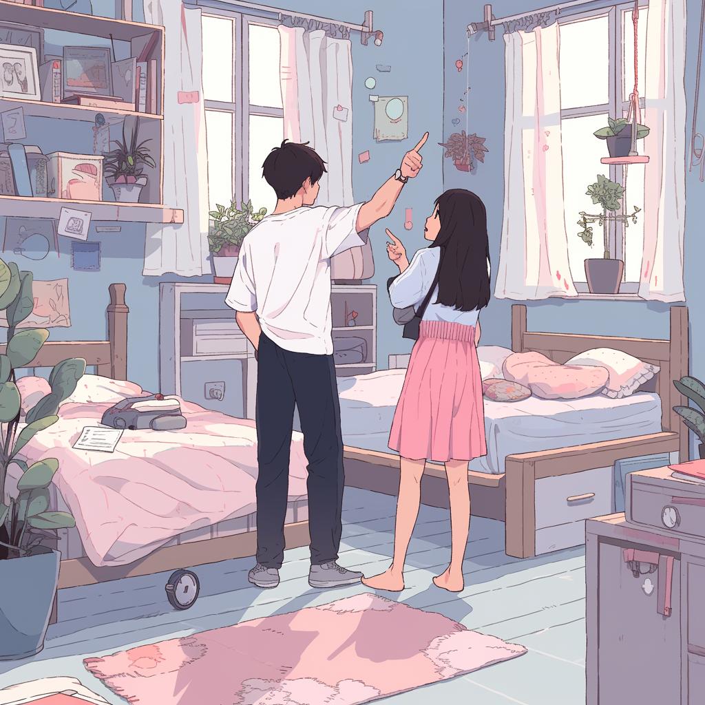 A couple discussing and pointing at a messy area in their bedroom